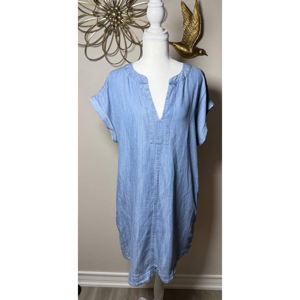 Vineyard Vines Dress Womens Medium Chambray Tencel Shift Blue Casual Pockets